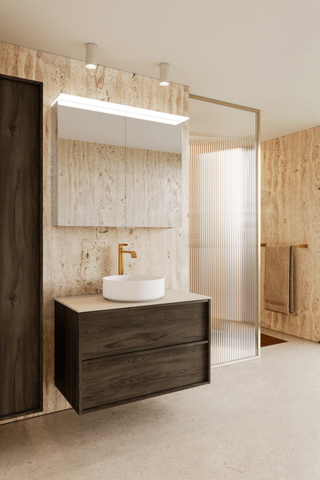 Badrumsmöbel med bänkskiva och runt, ovanpåliggande tvättställ Casa H08