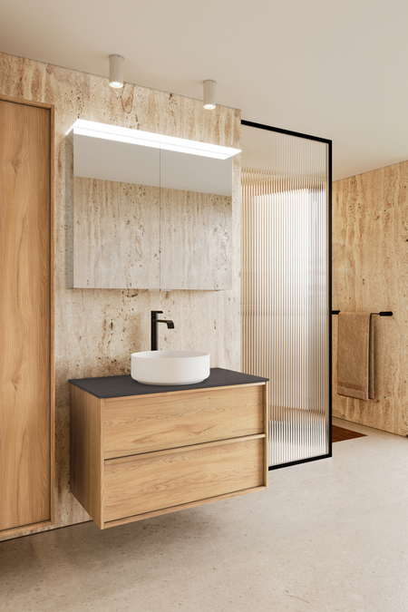 Badrumsmöbel med bänkskiva och runt, ovanpåliggande tvättställ Casa H08