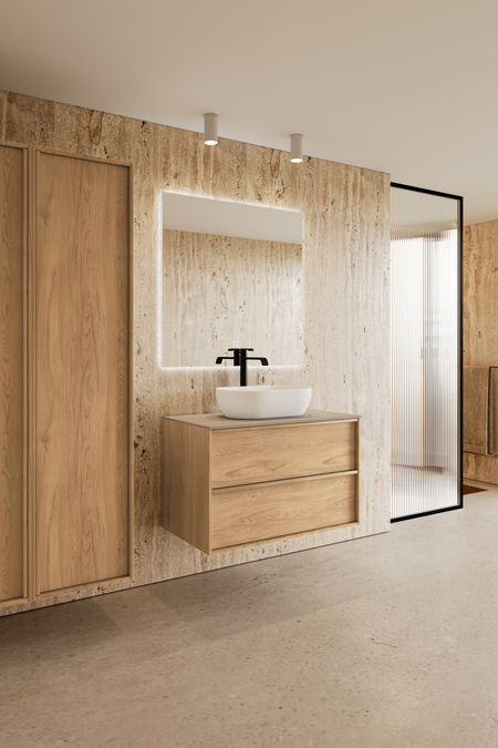 Badrumsmöbel med bänkskiva och ovalt, ovanpåliggande tvättställ Casa H12