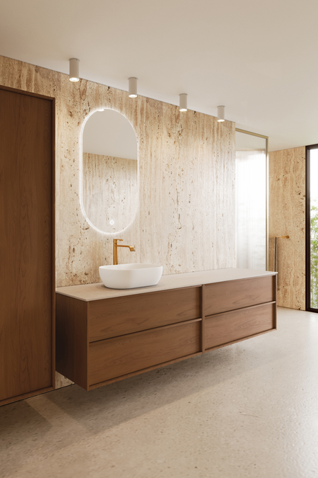 Dubbel badrumsmöbel med bänkskiva och ett ovalt ovanpåliggande tvättställ Casa H13