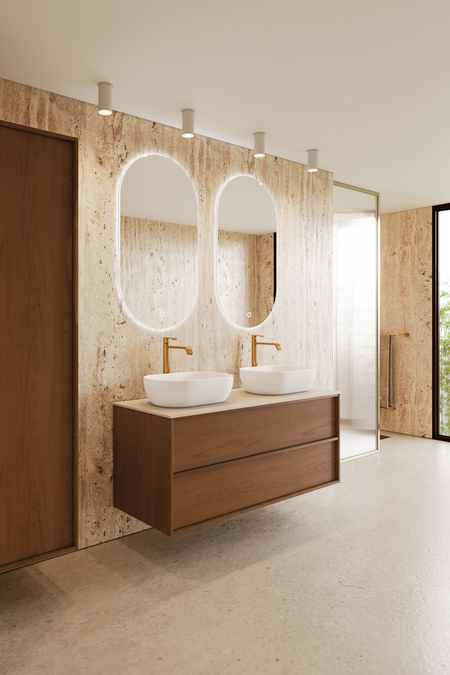 Badrumsmöbel med bänkskiva och två ovala, ovanpåliggande tvättställ Casa H14