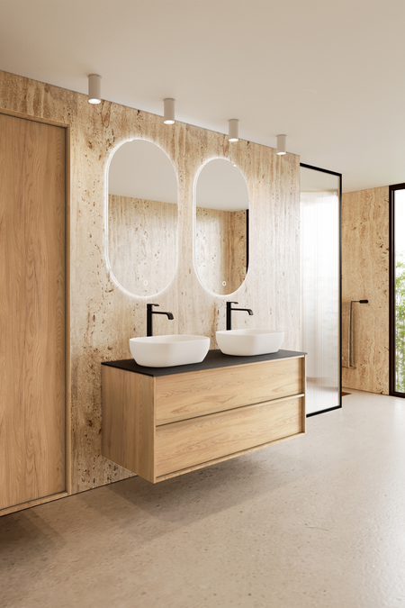 Badrumsmöbel med bänkskiva och två ovala, ovanpåliggande tvättställ Casa H14