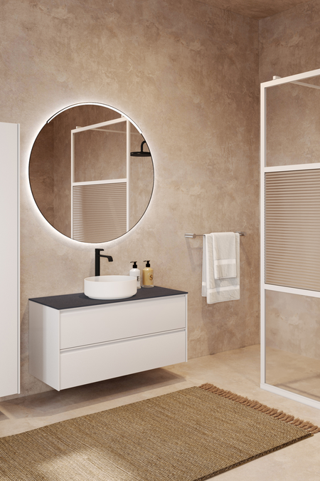 Badrumsmöbel med bänkskiva och runt, ovanpåliggande tvättställ Luna L08