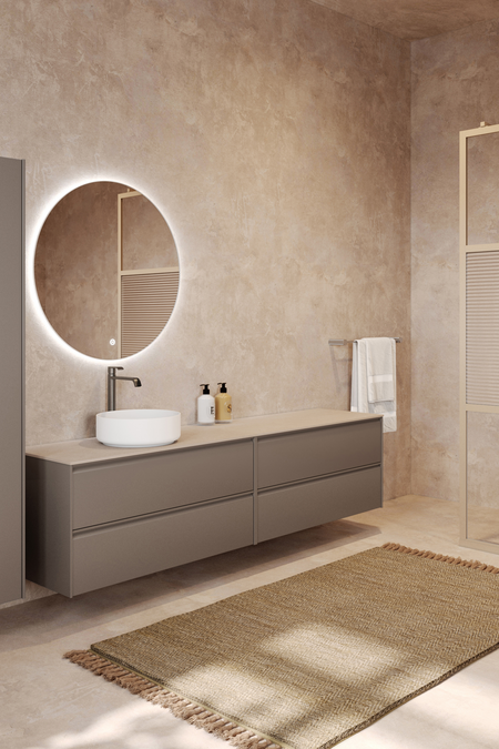 Dubbel badrumsmöbel med bänkskiva och runt, ovanpåliggande tvättställ Luna L09