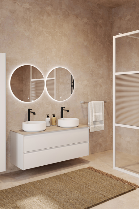 Badrumsmöbel med bänkskiva och två runda, ovanpåliggande tvättställ Luna L10