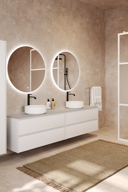 Dubbel badrumsmöbel med bänkskiva och två runda ovanpåliggande tvättställ LunaL11