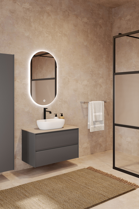 Badrumsmöbel med bänkskiva och ovalt, ovanpåliggande tvättställ Luna L12