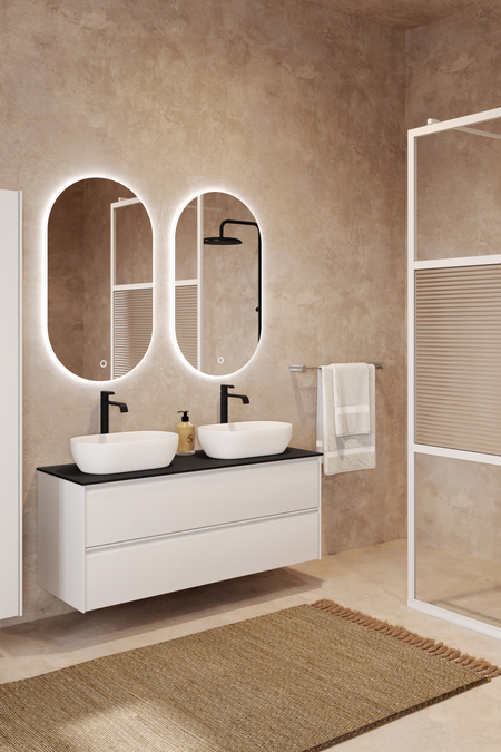 Badrumsmöbel med bänkskiva och två ovala, ovanpåliggande tvättställ Luna L14