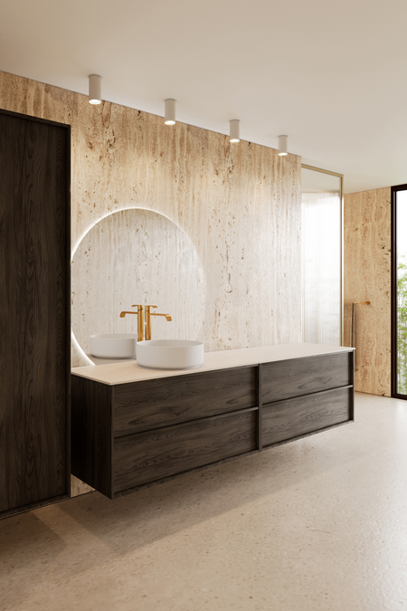 Dubbel badrumsmöbel med bänkskiva och ett runt ovanpåliggande tvättställ Casa H09