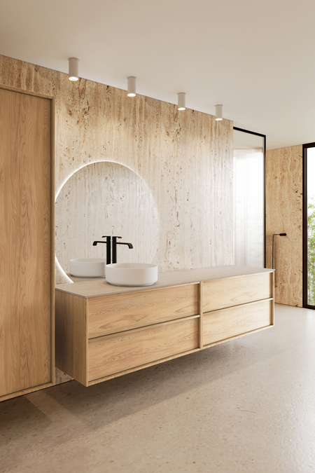 Dubbel badrumsmöbel med bänkskiva och ett runt ovanpåliggande tvättställ Casa H09