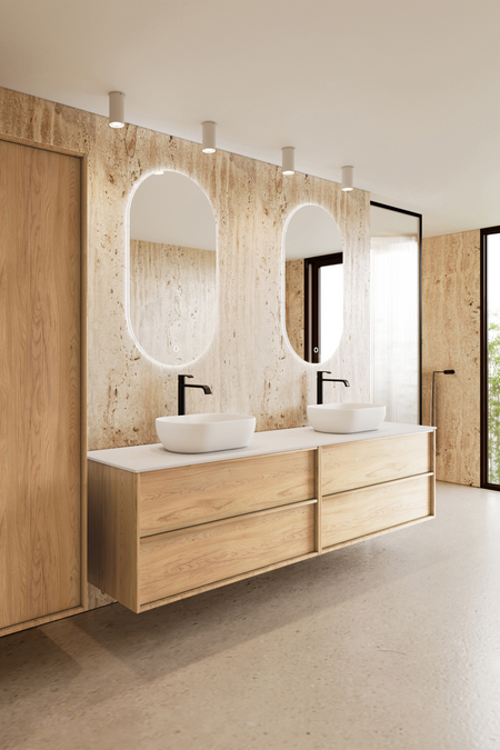 Dubbel badrumsmöbel med bänkskiva och två ovala ovanpåliggande tvättställ Casa H15