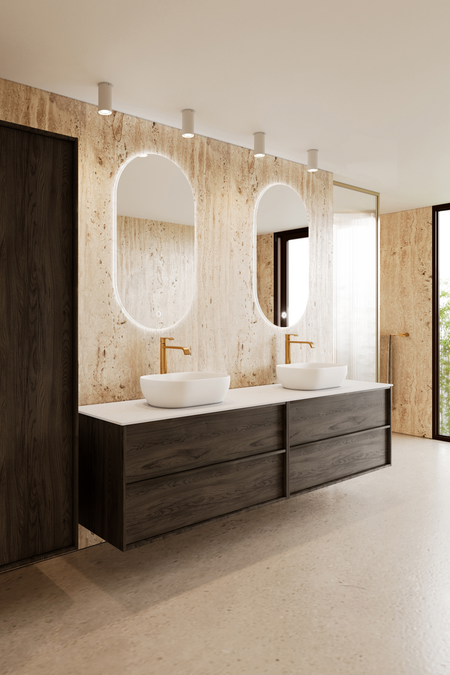 Dubbel badrumsmöbel med bänkskiva och två ovala ovanpåliggande tvättställ Casa H15