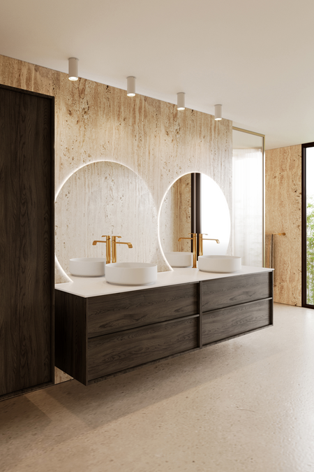 Dubbel badrumsmöbel med bänkskiva och två runda ovanpåliggande tvättställ Casa H11