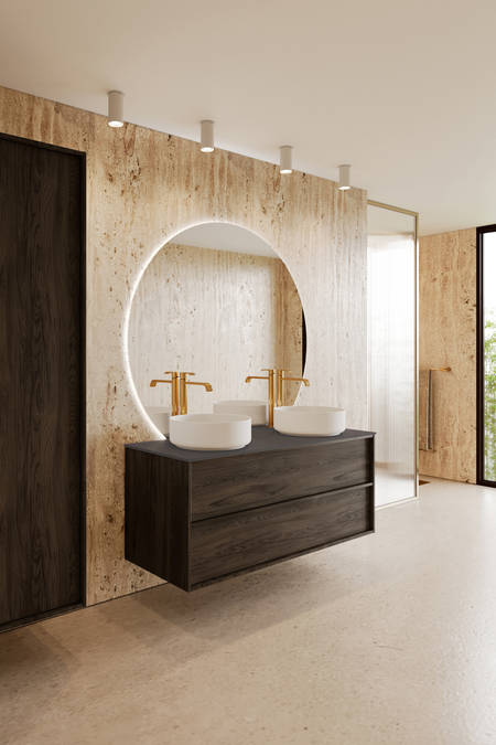 Badrumsmöbel med bänkskiva och två runda, ovanpåliggande tvättställ Casa H10