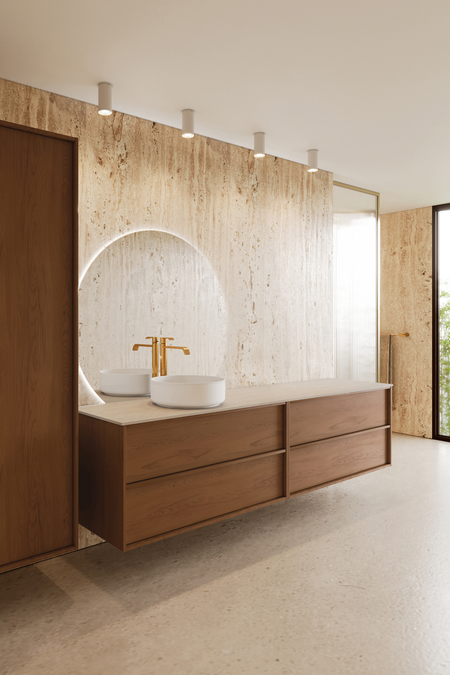 Dubbel badrumsmöbel med bänkskiva och ett runt ovanpåliggande tvättställ Casa H09