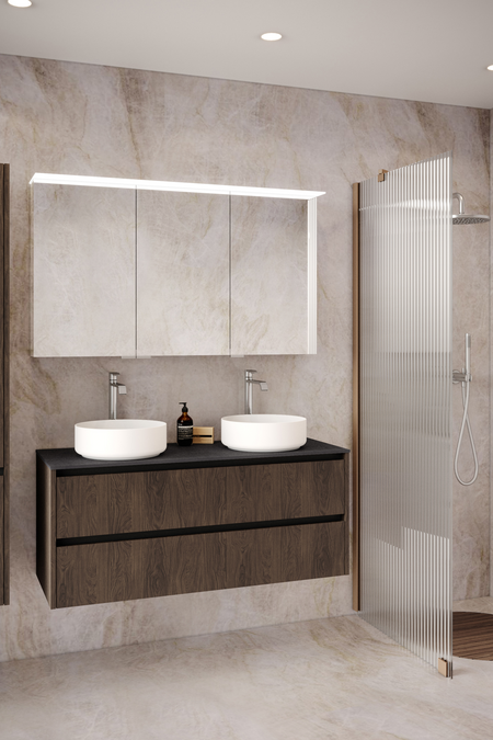 Badrumsmöbel med bänkskiva och två runda, ovanpåliggande tvättställ Classic K05