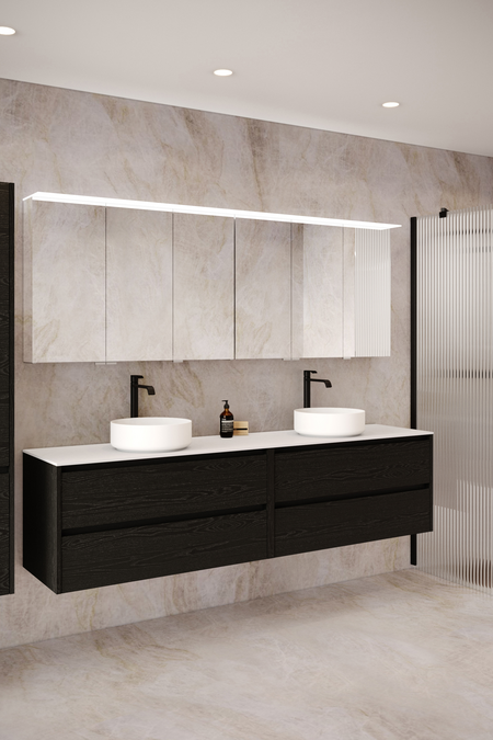 Dubbel badrumsmöbel med bänkskiva och två runda ovanpåliggande tvättställ Classic K06