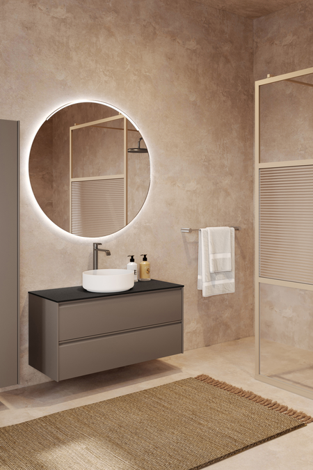 Badrumsmöbel med bänkskiva och runt, ovanpåliggande tvättställ Luna L08