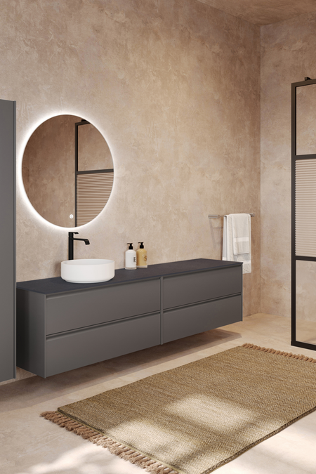 Dubbel badrumsmöbel med bänkskiva och runt, ovanpåliggande tvättställ Luna L09