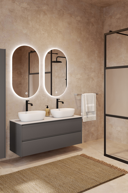 Badrumsmöbel med bänkskiva och två ovala, ovanpåliggande tvättställ Luna L14