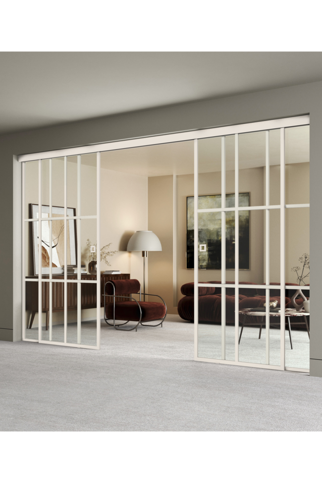 Parskjutdörrar med soft closing-mekanism och två fasta paneler Inne C4P Paris