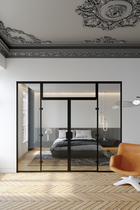 Glass wall with double door and fixed panels on hinge sides and an upper window Bläk 926 New York