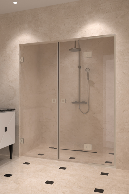 Alcove fitting with a hinged double door, one of which has a fixed part Vetro 555