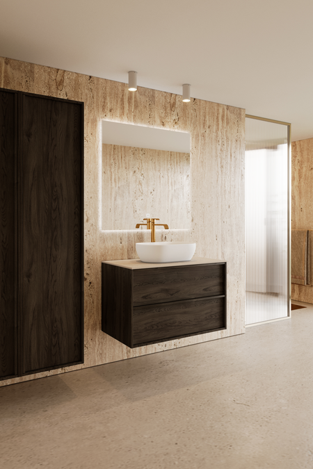 Badrumsmöbel med bänkskiva och ovalt, ovanpåliggande tvättställ Casa H12