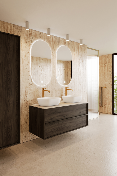 Badrumsmöbel med bänkskiva och två ovala, ovanpåliggande tvättställ Casa H14