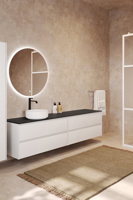 Dubbel badrumsmöbel med bänkskiva och runt, ovanpåliggande tvättställ Luna L09