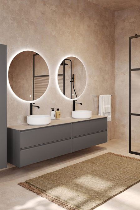 Dubbel badrumsmöbel med bänkskiva och två runda ovanpåliggande tvättställ LunaL11