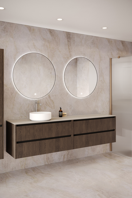 Dubbel badrumsmöbel med bänkskiva och ett runt ovanpåliggande tvättställ Classic K04