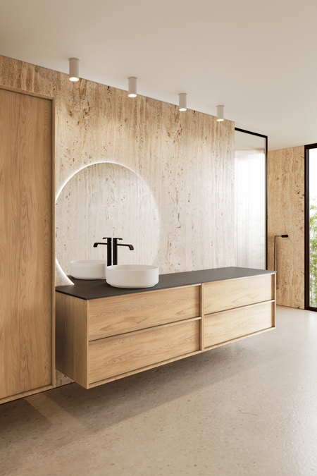 Dubbel badrumsmöbel med bänkskiva och ett runt ovanpåliggande tvättställ Casa H09