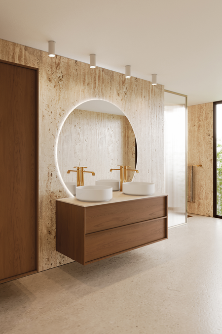 Badrumsmöbel med bänkskiva och två runda, ovanpåliggande tvättställ Casa H10