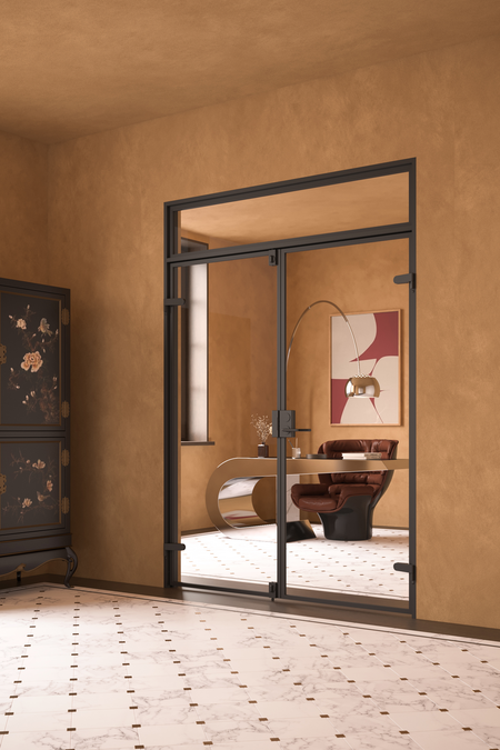 Glaspardörrar med karm, spärrlås och överfönster Inne M16 New York