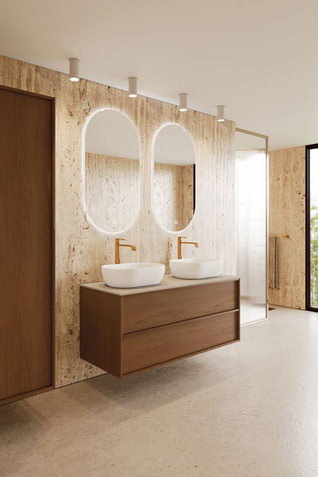 Badrumsmöbel med bänkskiva och två ovala, ovanpåliggande tvättställ Casa H14