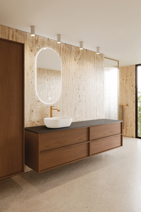 Dubbel badrumsmöbel med bänkskiva och ett ovalt ovanpåliggande tvättställ Casa H13