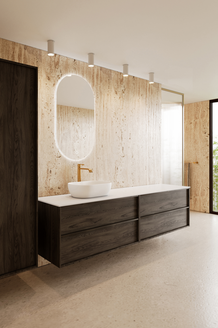 Dubbel badrumsmöbel med bänkskiva och ett ovalt ovanpåliggande tvättställ Casa H13