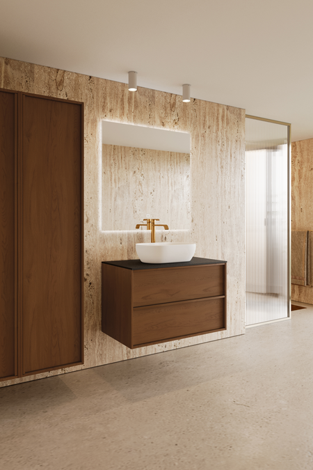 Badrumsmöbel med bänkskiva och ovalt, ovanpåliggande tvättställ Casa H12