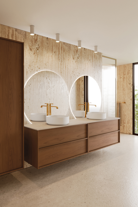 Dubbel badrumsmöbel med bänkskiva och två runda ovanpåliggande tvättställ Casa H11