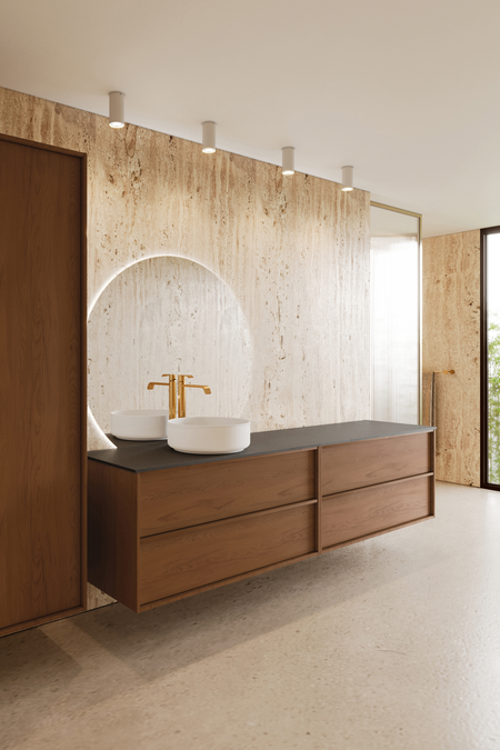 Dubbel badrumsmöbel med bänkskiva och ett runt ovanpåliggande tvättställ Casa H09