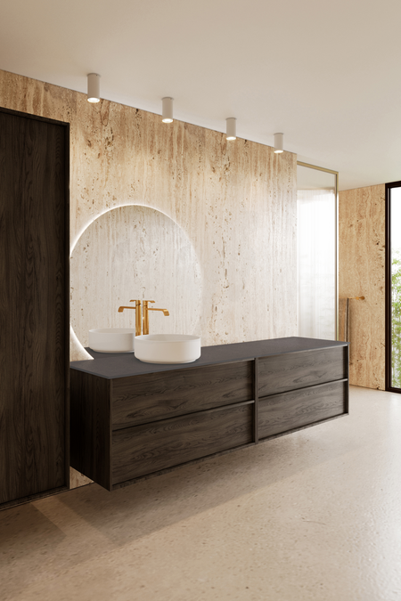 Dubbel badrumsmöbel med bänkskiva och ett runt ovanpåliggande tvättställ Casa H09