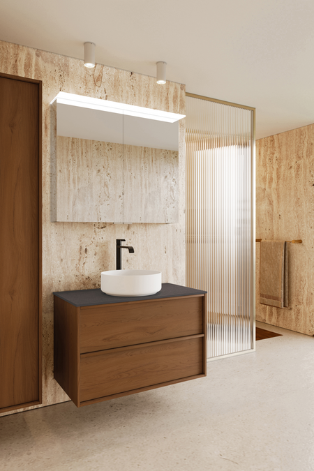 Badrumsmöbel med bänkskiva och runt, ovanpåliggande tvättställ Casa H08