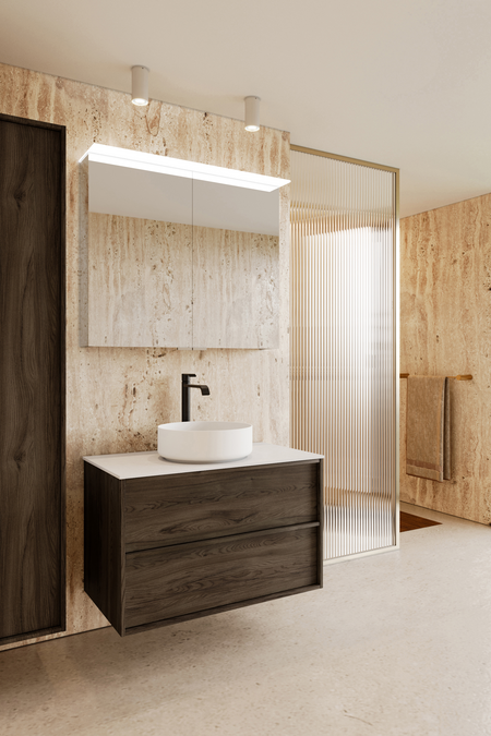 Badrumsmöbel med bänkskiva och runt, ovanpåliggande tvättställ Casa H08