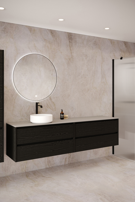 Dubbel badrumsmöbel med bänkskiva och ett runt ovanpåliggande tvättställ Classic K04