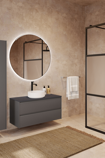 Badrumsmöbel med bänkskiva och runt, ovanpåliggande tvättställ Luna L08