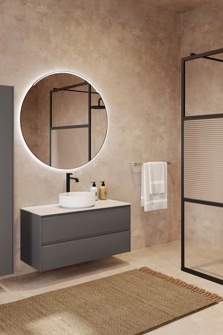 Badrumsmöbel med bänkskiva och runt, ovanpåliggande tvättställ Luna L08